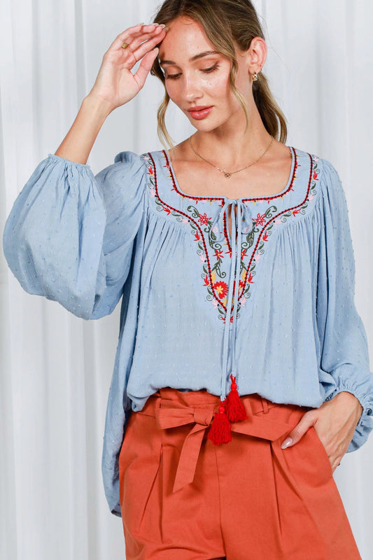 Square Tie Neck with Tassel Embroidered Bohemian Top