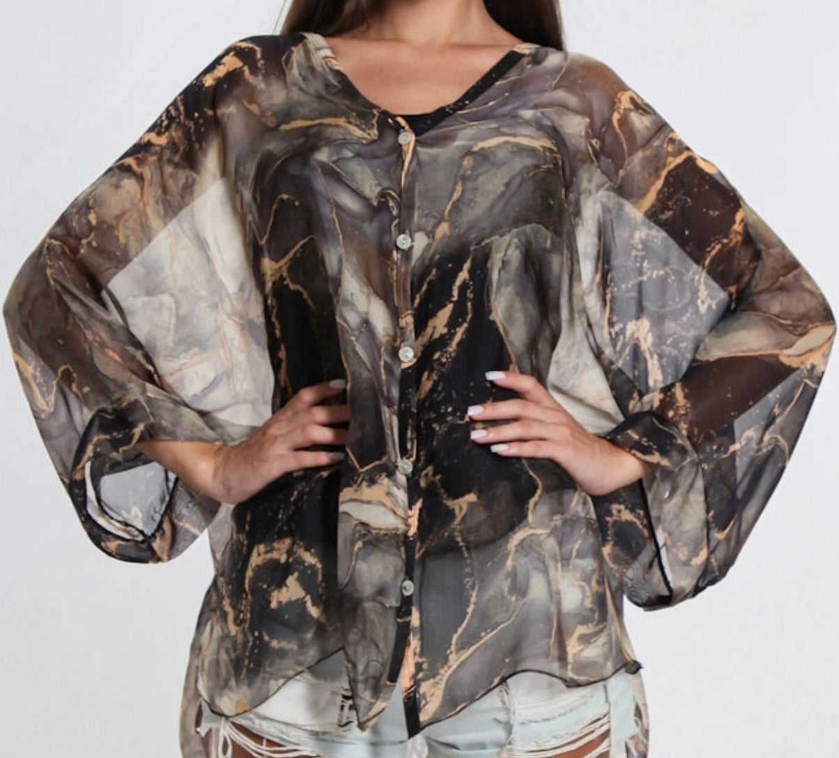 Re-stock—Rosana Marble Silk Sheer Blouse w/tank-Black
