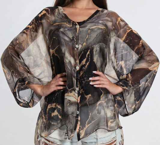 Re-stock—Rosana Marble Silk Sheer Blouse w/tank-Black