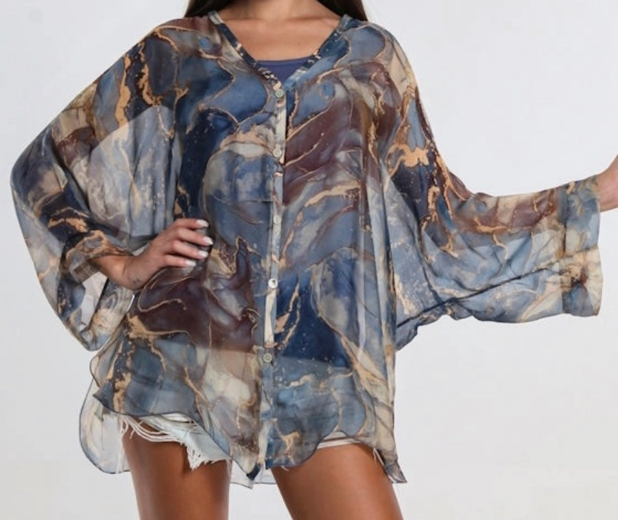 Re-stock—Rosana Marble Silk Sheer Blouse w/tank-Navy