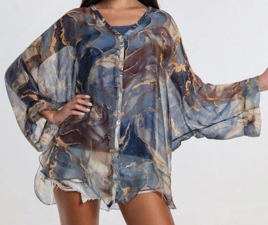 Re-stock—Rosana Marble Silk Sheer Blouse w/tank-Navy