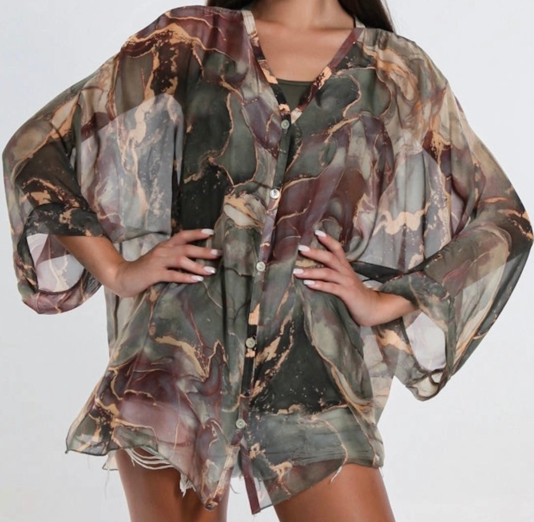 Re-stock—Rosana Marble Sheer Silk Blouse w/tank-Olive