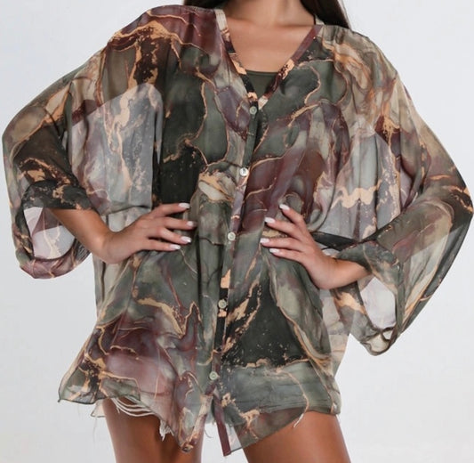 Re-stock—Rosana Marble Sheer Silk Blouse w/tank-Olive