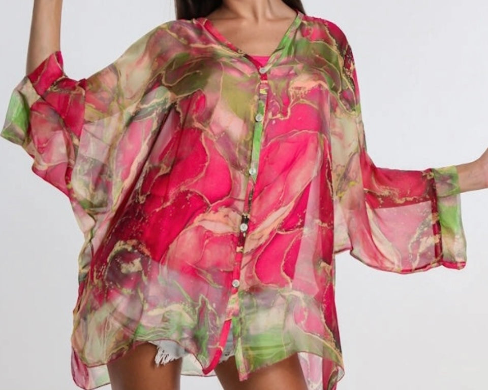Re-stock—Rosana Marble Silk Sheer Blouse w/tank-Fushia