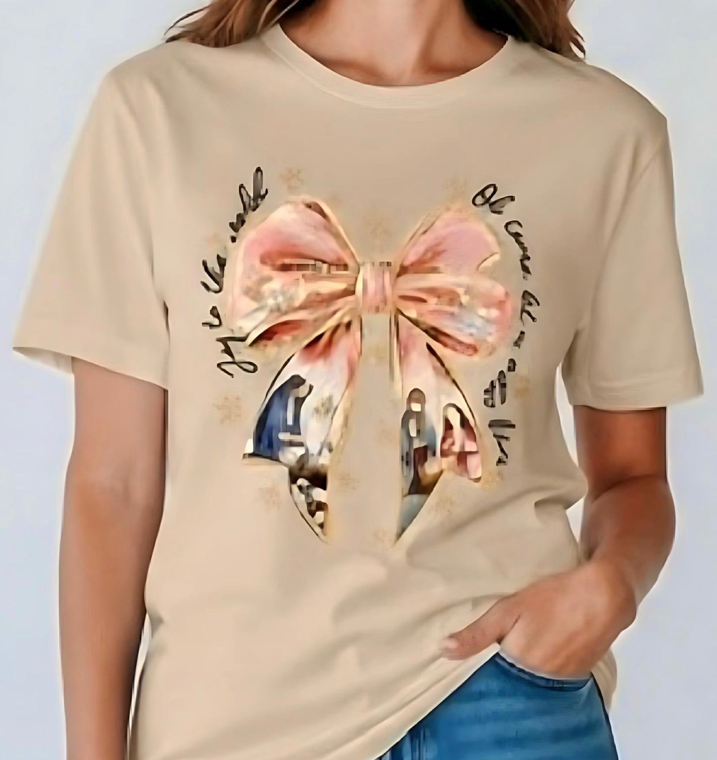 Faith Bow Nativity Tee – Sand