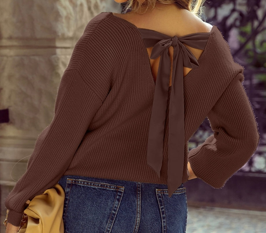 V Neck Bow Tie Back Sweater