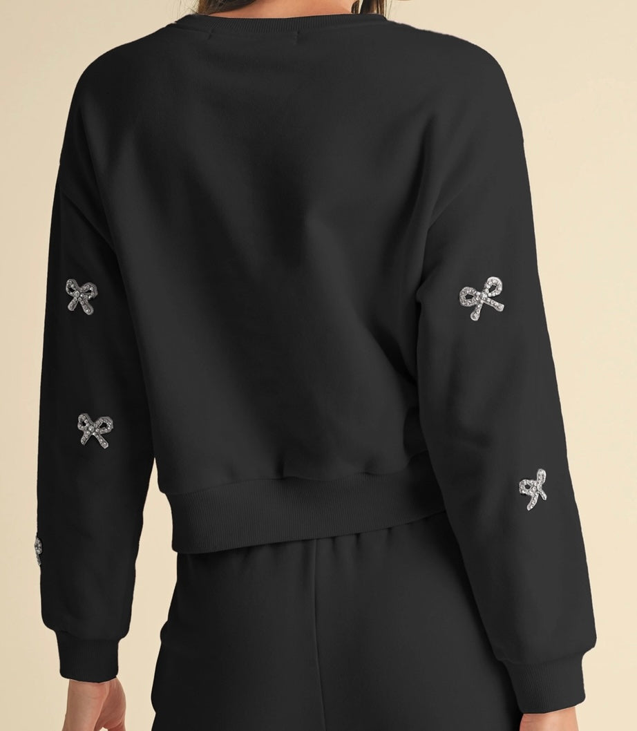 Embellished Mini-rhinestone Bow Sweatshirt – Black