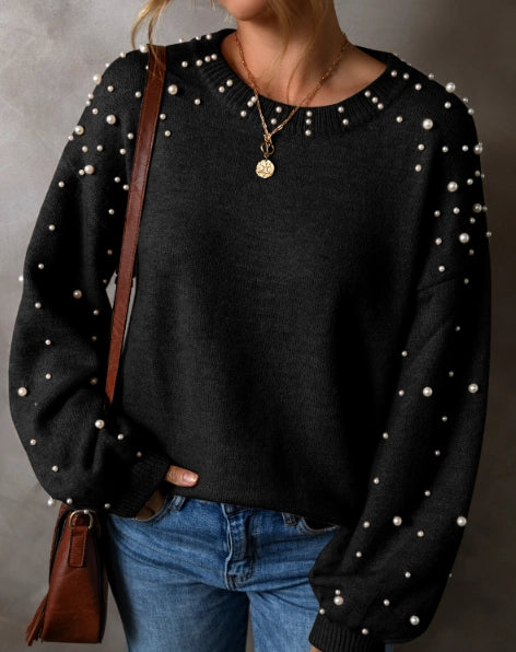 Pearled Drop Shoulder Round Neck Sweater-Black