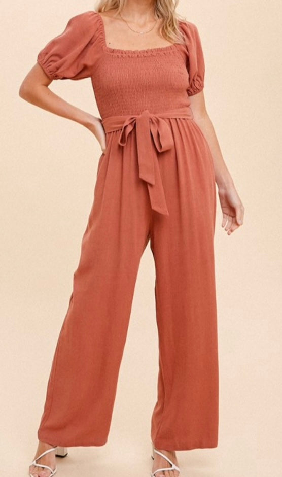 Smocked Puff-Sleeve Jumpsuit