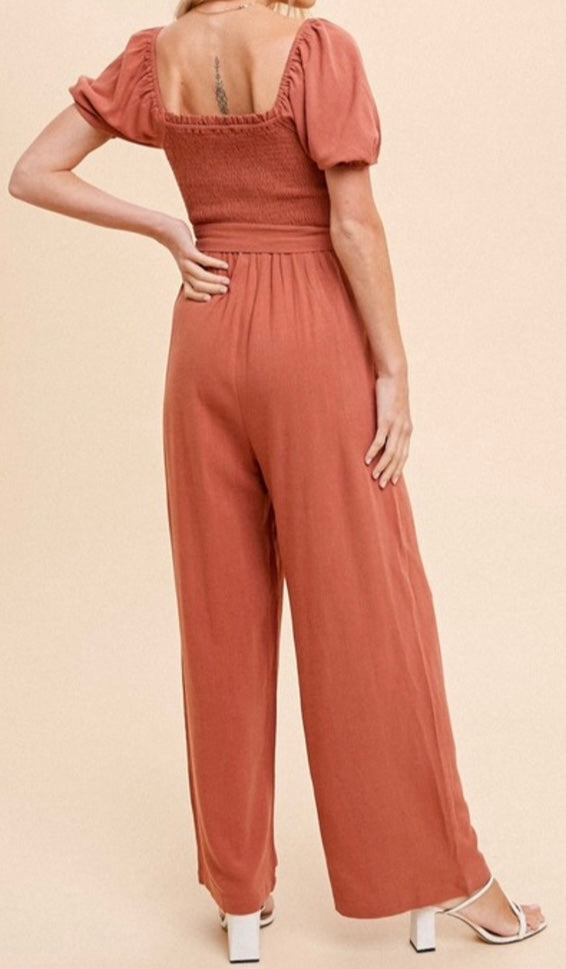 Smocked Puff-Sleeve Jumpsuit