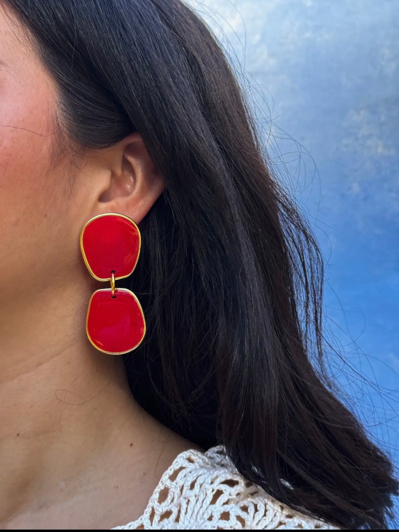 Dangle Red Handmade Lightweight Resin Statement Earrings w/ Gold