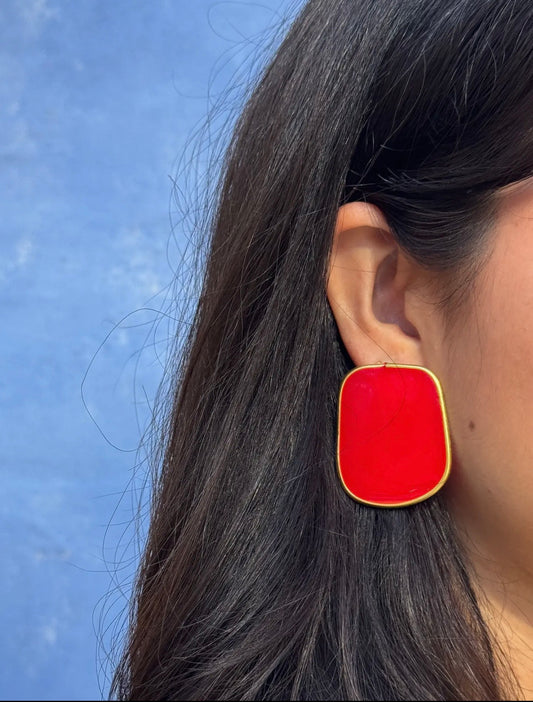Large Red Lightweight Handmade Resin Statement Earrings Gold Trim