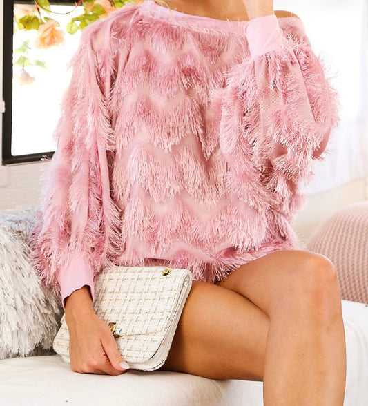 Fringe Embellished Detail Boatneck Blouse Top-Blush
