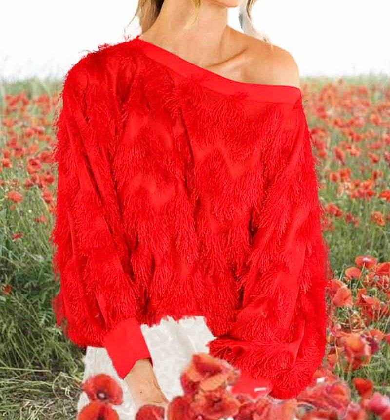 Fringe Embellished Detail Boatneck Blouse Top-Red