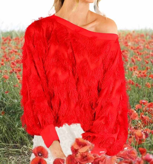 Fringe Embellished Detail Boatneck Blouse Top-Red