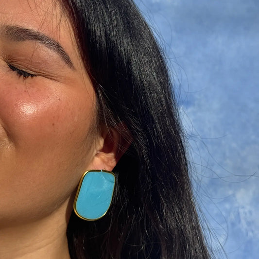 Medium Blue Handmade Lightweight Resin Statement Earrings Gold Trim
