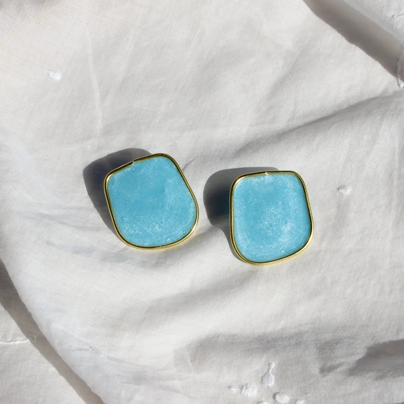 Medium Blue Handmade Lightweight Resin Statement Earrings Gold Trim
