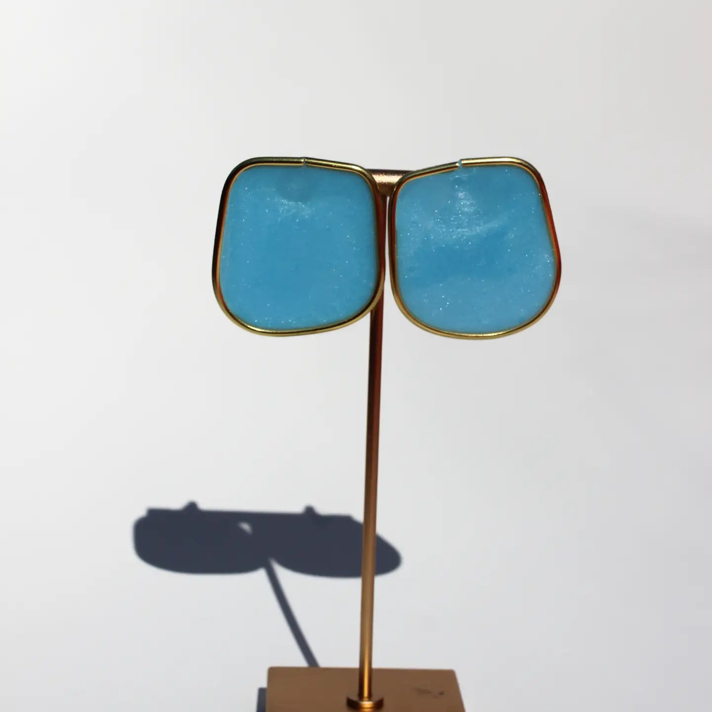 Medium Blue Handmade Lightweight Resin Statement Earrings Gold Trim