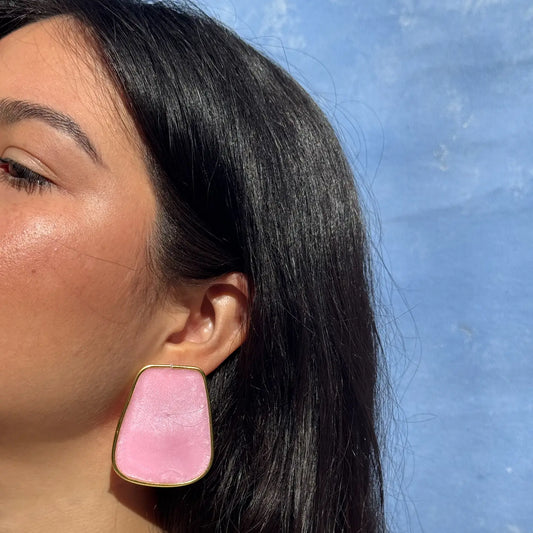 Large Pink Lightweight Handmade Resin Statement Earrings Gold Trim