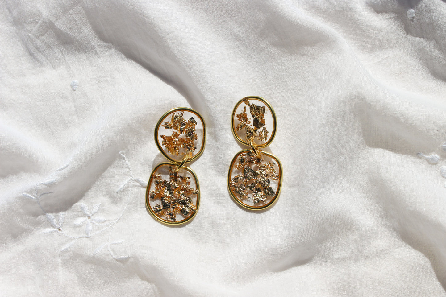 Dangle Gold Flake Handmade Resin Statement Earrings Gold Trim