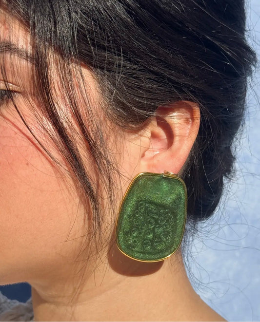 Large Green Lightweight Handmade Resin Statement Earrings Gold Trim