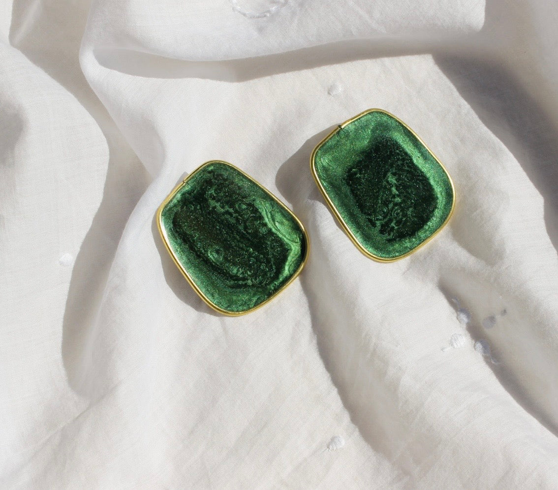 Green Lightweight Handmade Resin Statement Earrings Gold Trim
