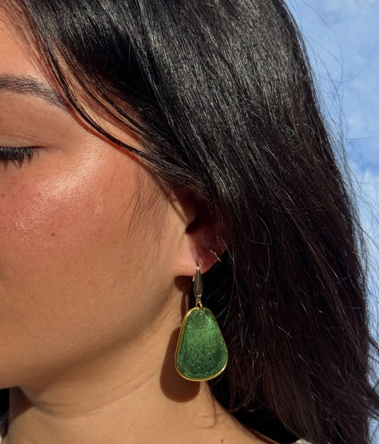 Green Lightweight Handmade Resin Statement Earrings Gold Trim