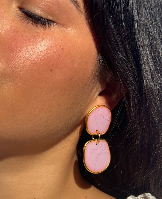 Dangle Pink Handmade Lightweight Resin Statement Earrings w/ Gold