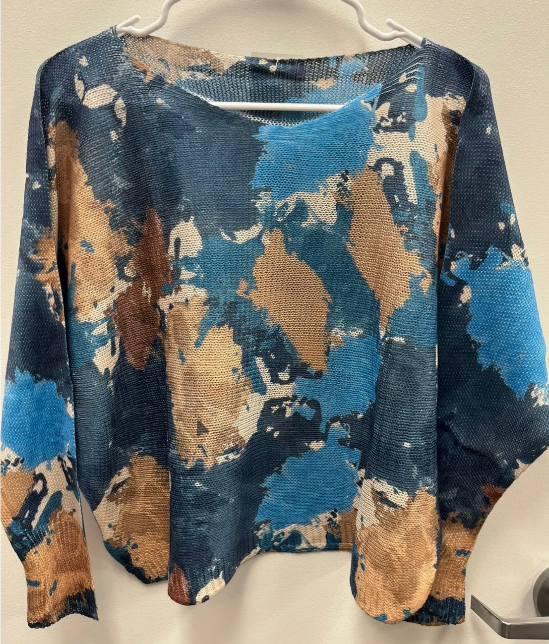 Blue Abstract Round Knit Print Sweater
