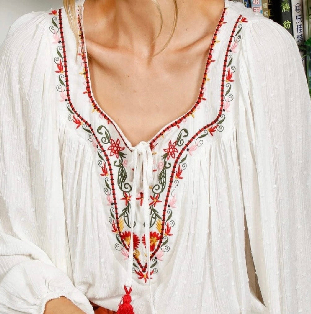 The Vista Square Tie Neck with Tassel Embroidered Bohemian Top