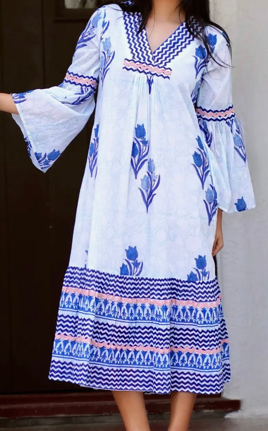 Frances Hand Block Printed Dress Navy Floral