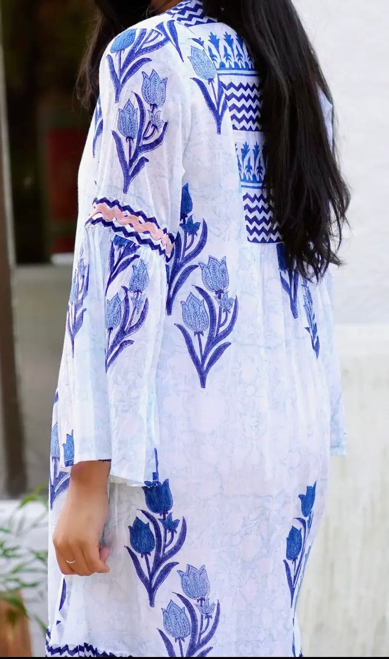 Frances Hand Block Printed Dress Navy Floral