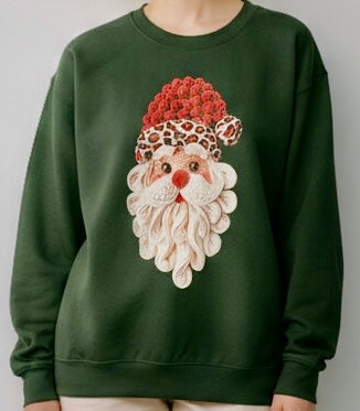 Printed Design Leopard Santa Sweatshirt-Forest Green