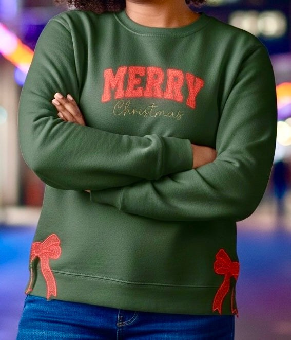 Merry Christmas Bow-Trim Sweatshirt – Forest Green